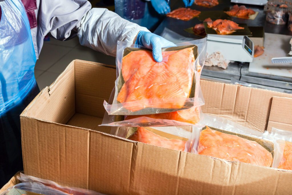 A CSA farmer packs frozen salmon for shipment. 