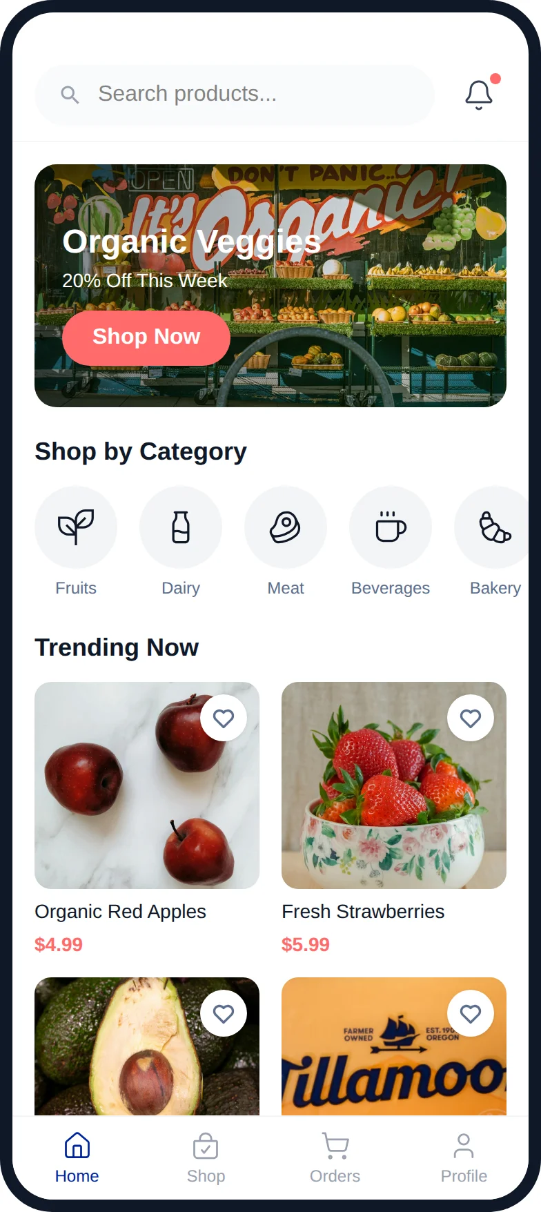 DBP Mobile Shop App, a mobile shopping app for delivery businesses: home screen with product search, a featured promotion, shop-by-category icons and trending products