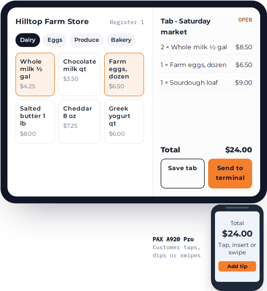 DBP POS, a point of sale for farms: register screen with product tiles, an open tab and a PAX A920 Pro card terminal